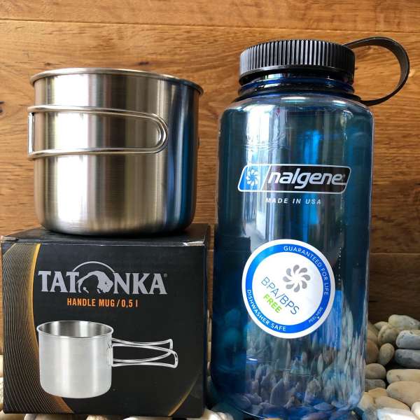 Tatonka Handle Mug 500ml Edelstahlbecher und Nalgene Weithals 1 Liter Trinkflasche BLAU